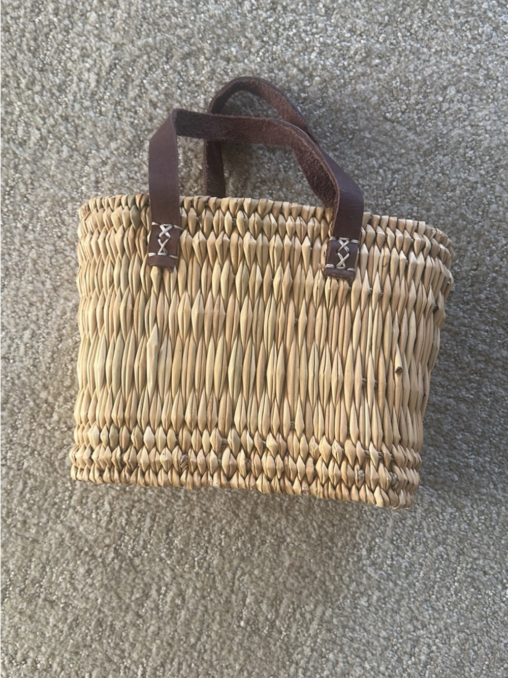Small Woven Straw Tote Bag with Brown Leather Handles